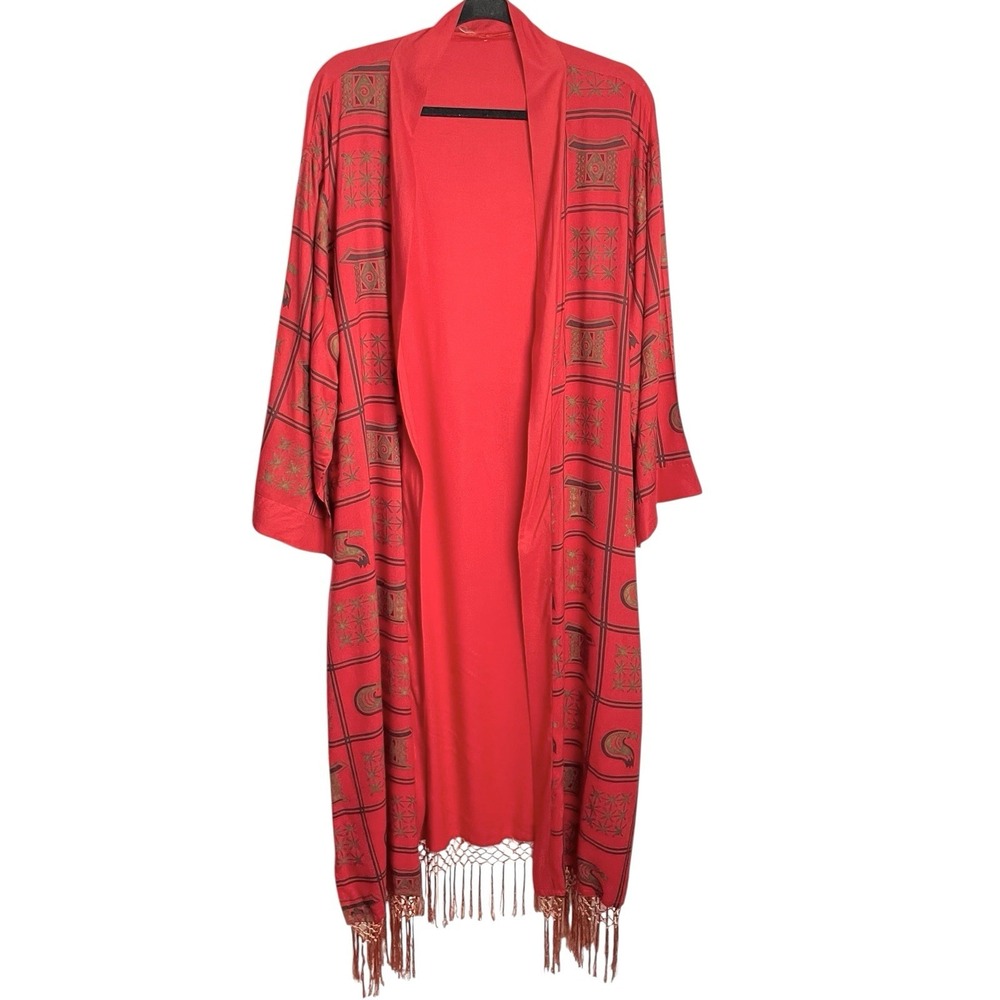 Asian Inspired Kimono Duster OS Red Block Print Art-Wear Knotted Tassel Fringe